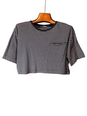 Zara Navy and White Striped Crop Top with Pocket